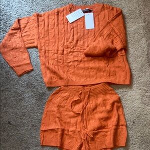 Vibrant Orange Knit Sweater and Shorts Set soft could use as pj